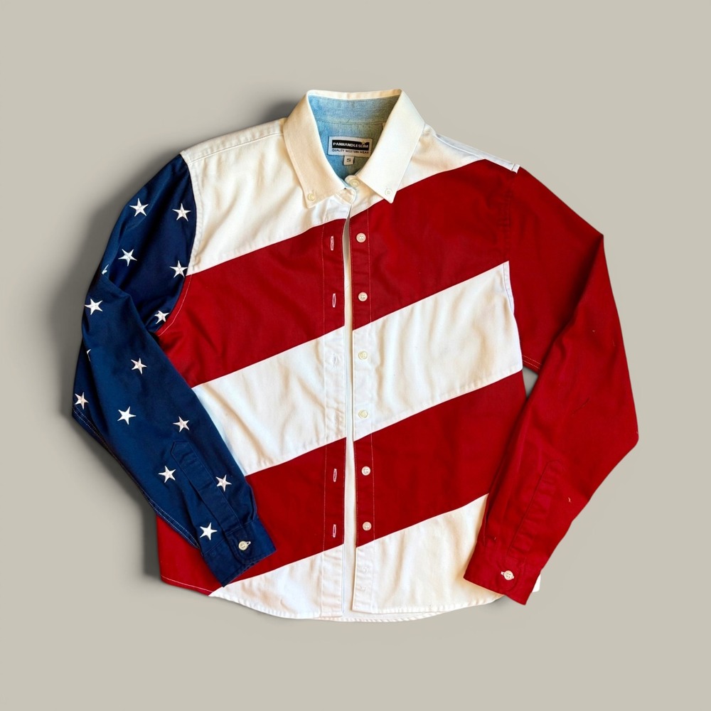 VTG S Panhandle Slim Western Shirt Women Red White Blue Stars Stripes Americana